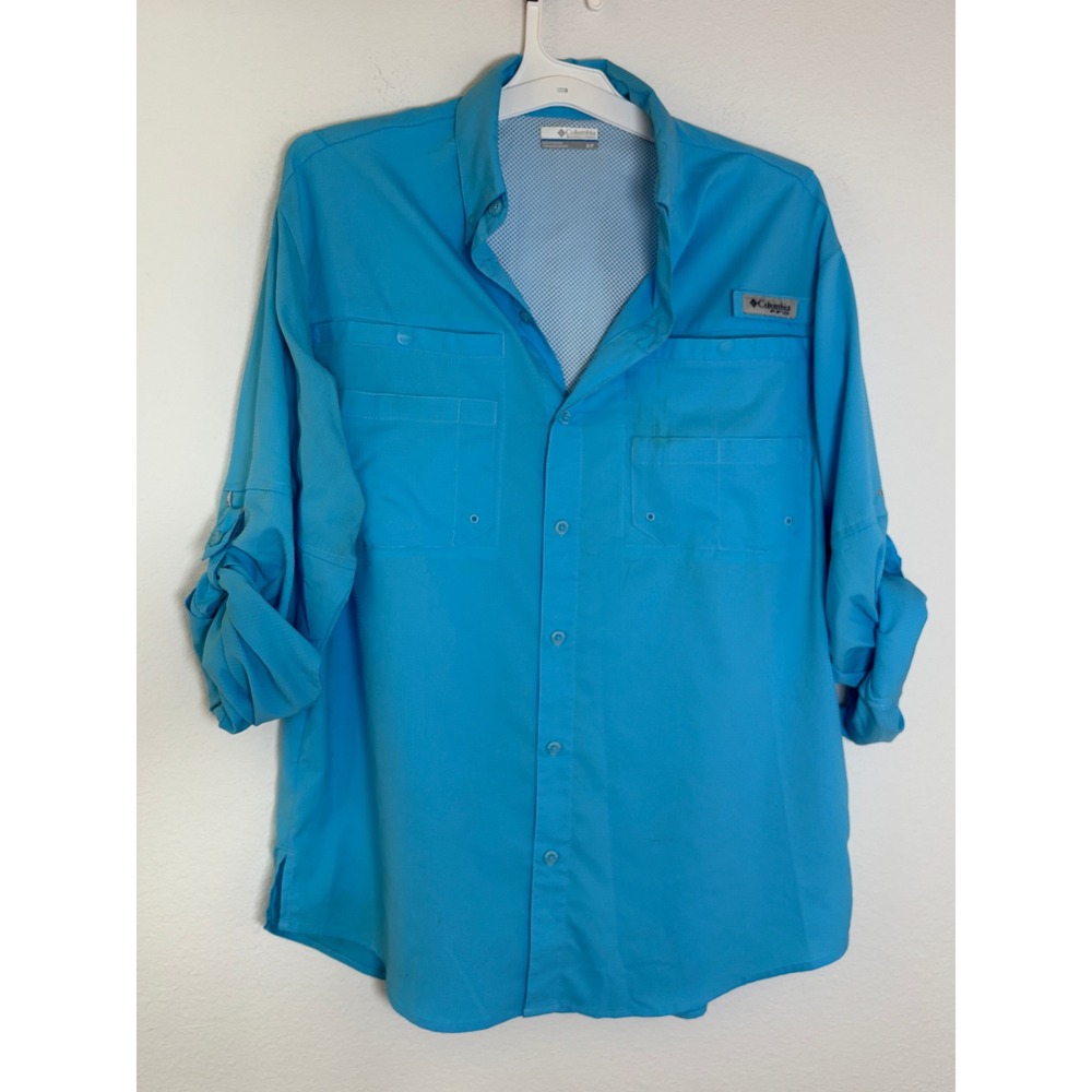 Columbia PFG Bahama II Long Sleeve Fishing Shirt Bright Blue Mens Small UPF 30